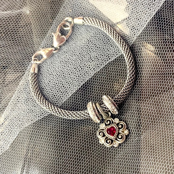 Brighton Jewelry - Vintage Brighton Collectibles Garnet Red Gem Stone Heart Women’s Charm Bracelet